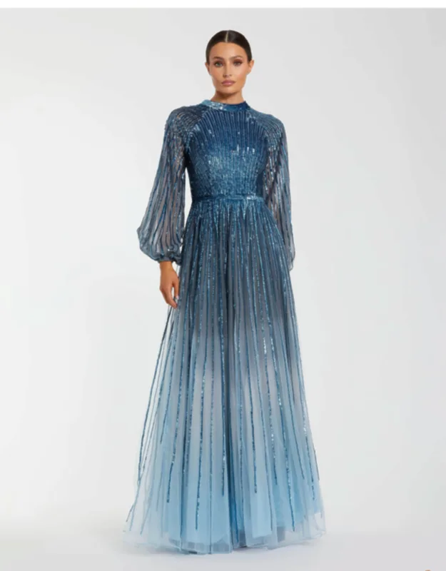 Ombré Sequin Long Sleeve A-line Evening Dress