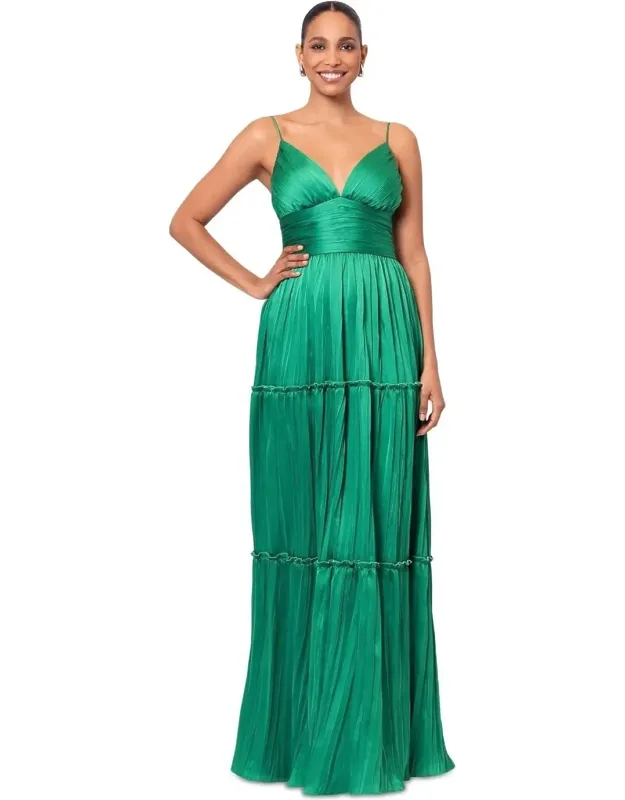 Maxi Dress Long Pleated Bodice Tiered A-line