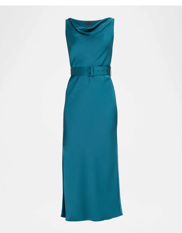 Cowl-neck Satin Belted Sleeveless Midi Dress