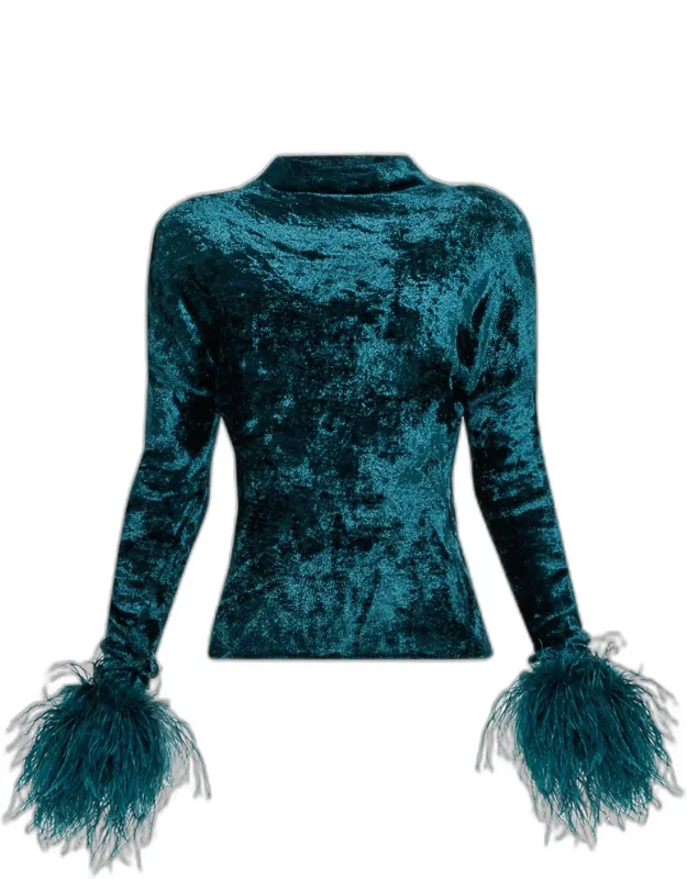 Velvet Dolman-sleeve Feather-cuff Top