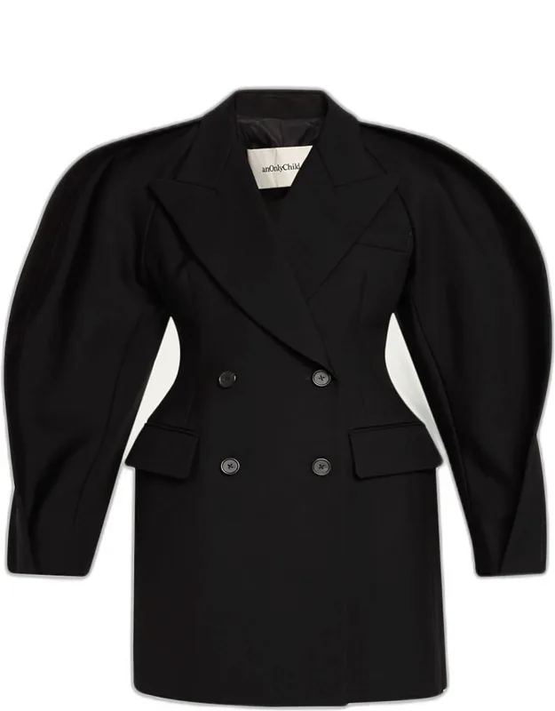 Ruched Balloon-sleeve Double-breasted Blazer