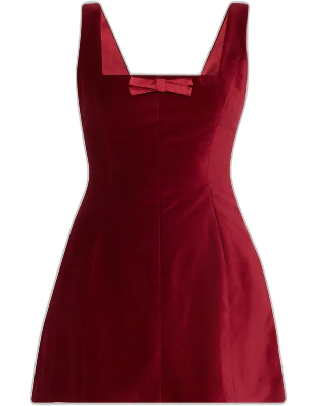 Bow Square-neck Velvet Mini Dress