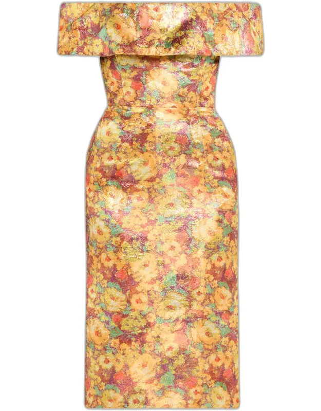 Metallic Floral Jacquard Off-the-shoulder Dress