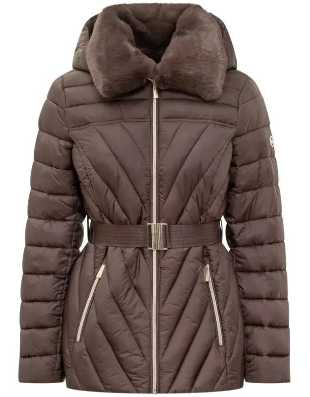 Down Jacket With Belt And Fur Collar