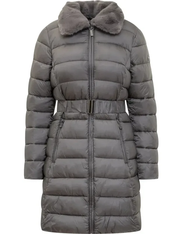 Long Down Jacket With Belt And Fur Collar