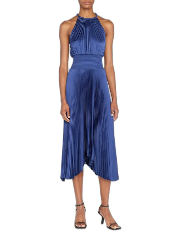 Pleated High-neck Midi Dress