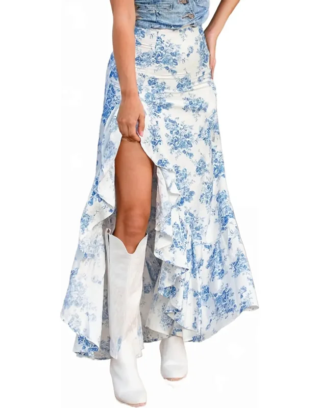 Boho Floral High Waist Ruffle Split Maxi Skirt