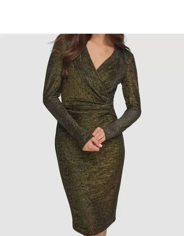 Metallic Faux Wrap Sheath Dress