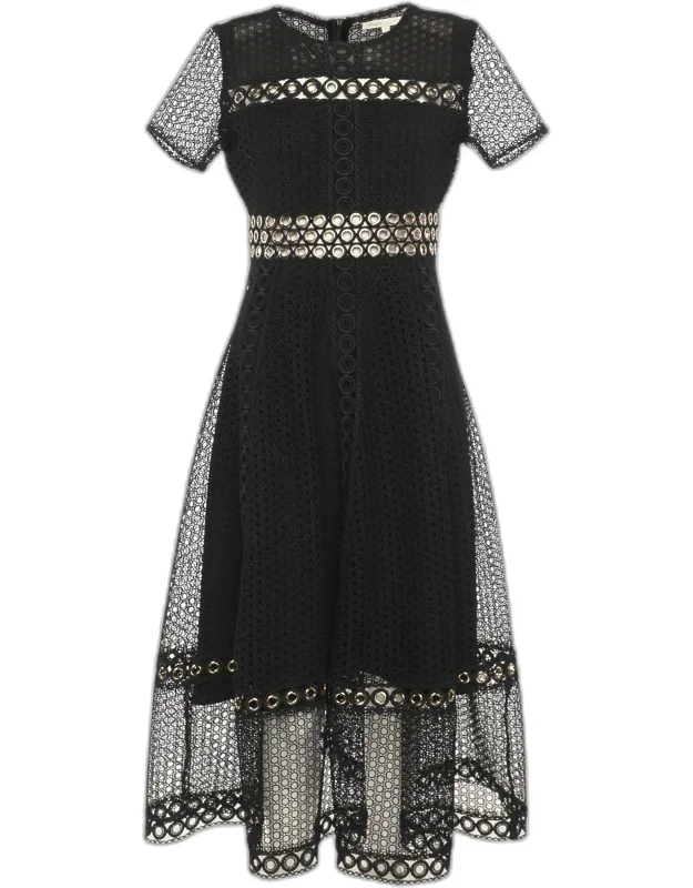 Lace Grommet Short Sleeve Midi Dress
