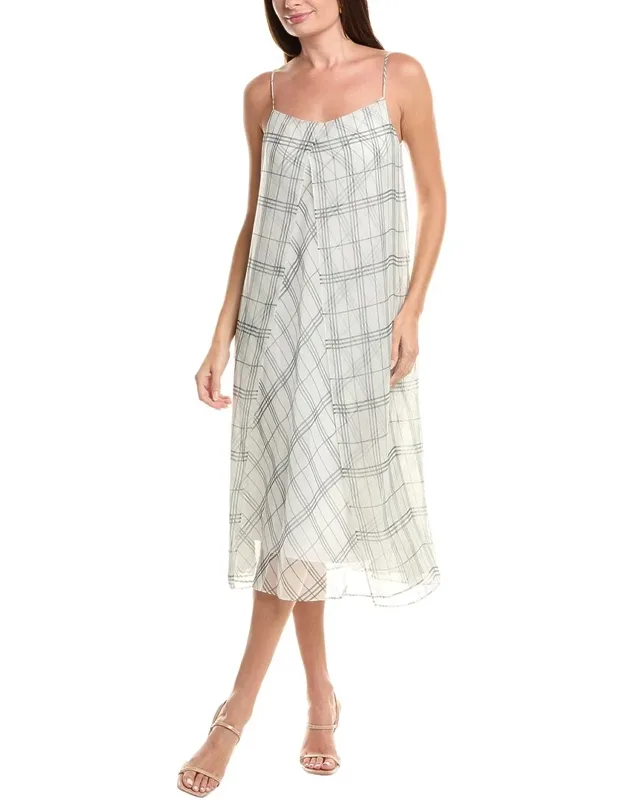 Fenced Plaid Sheer Panel Midi Dress