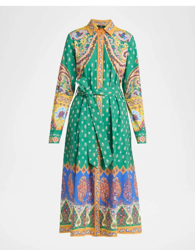 Belted Paisley Cotton Midi Shirtdress