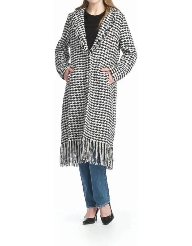 Textured Houndstooth Jacket With Fringe