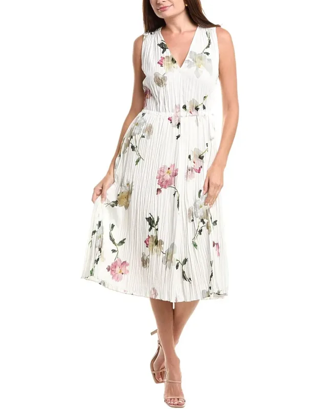 Pleated V-neck Midi Dress