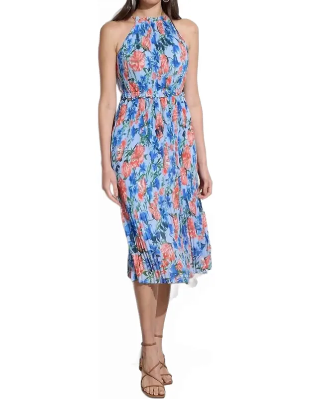 Floral Halter Pleated Midi Dress