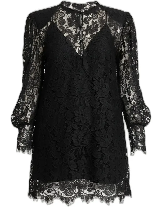 Floral Lace Strong-shoulder Long-sleeve Dress
