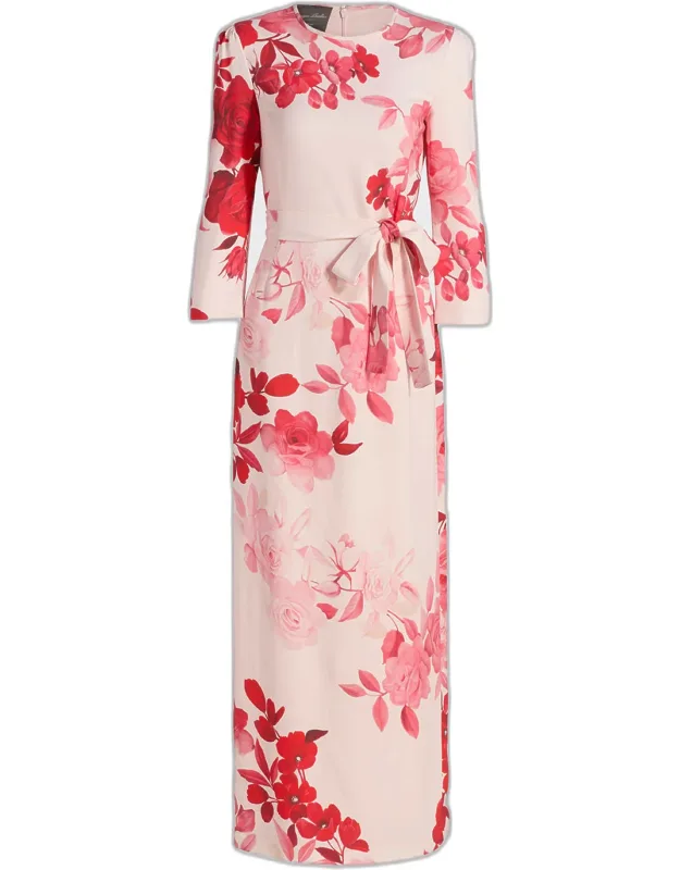 Rose-print Crepe Belted Bracelet-sleeve Maxi Dress