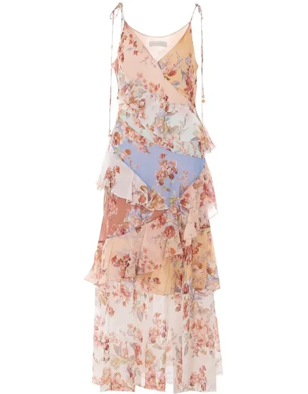 Spiliced Print Awaen Frilled Dress, Rouches, V-neck, Lace Closure, Ruffled, Floral Print