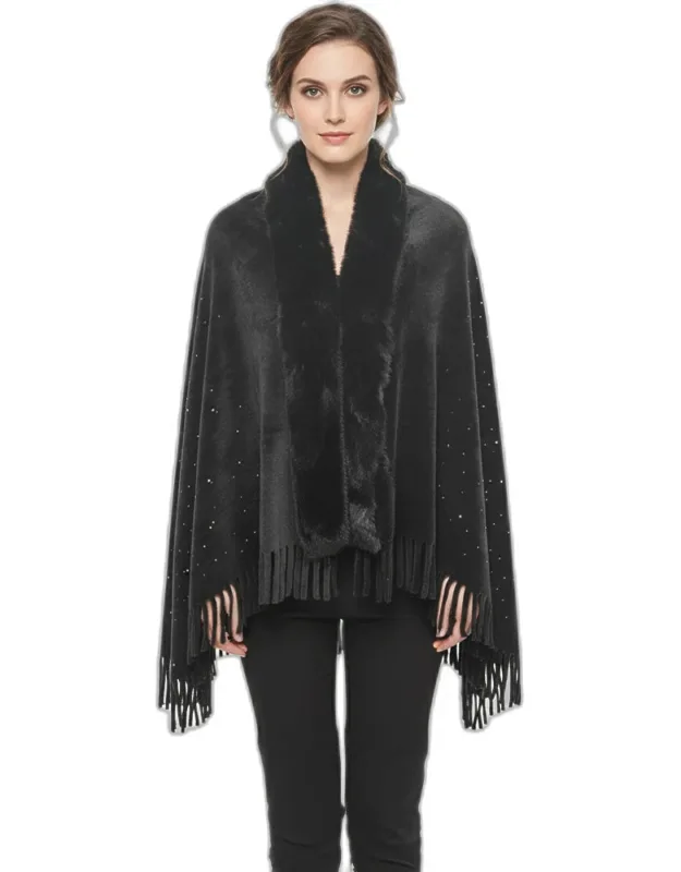 Rhinestone Embellished Fringe Faux Fur Poncho Wrap
