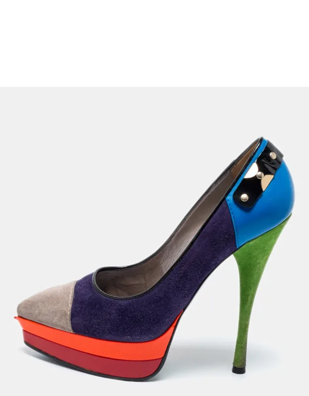 Multicolor Suede And Leather Pointed Toe Platform Pump