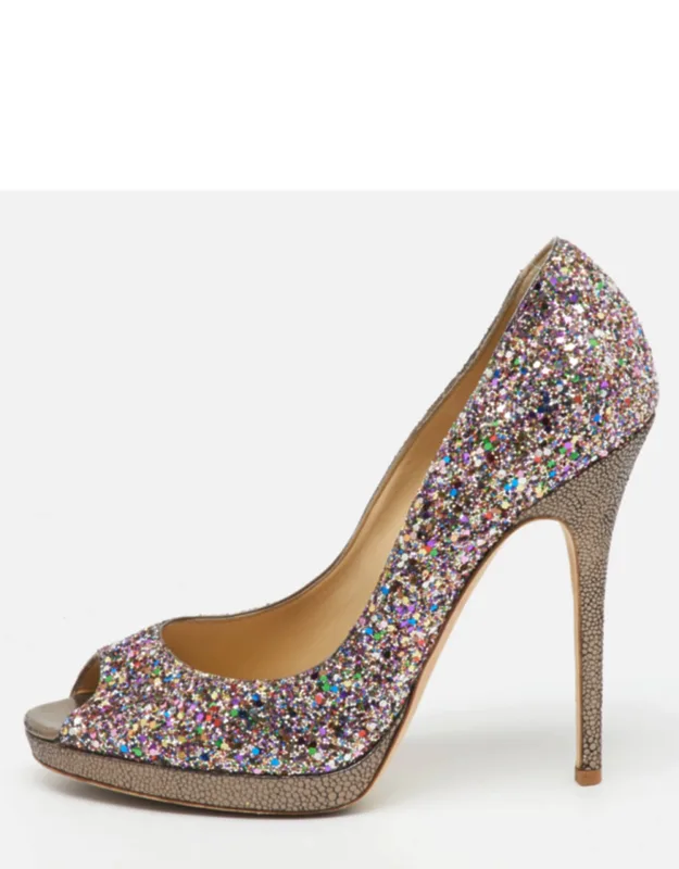 Metallic Multicolor Coarse Glitter Crown Peep Toe Platform Pumps