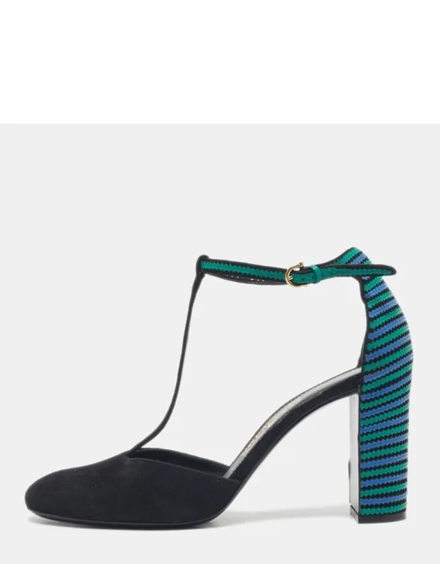 Suede And Leather T-strap Pumps
