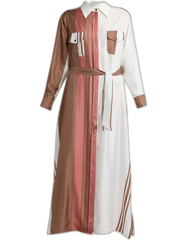 Striped Silk Belted Maxi Shirtdress