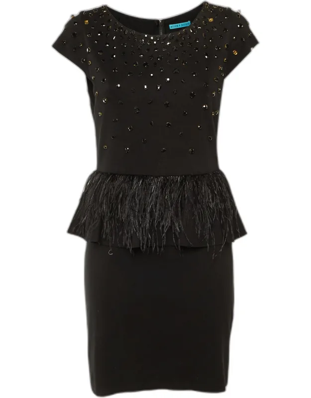 Embellished Jersey Feather Detail Peplum Mini Dress