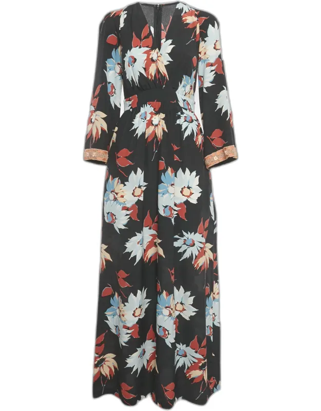 Floral Print Silk Embellished Cuff Detail Dress