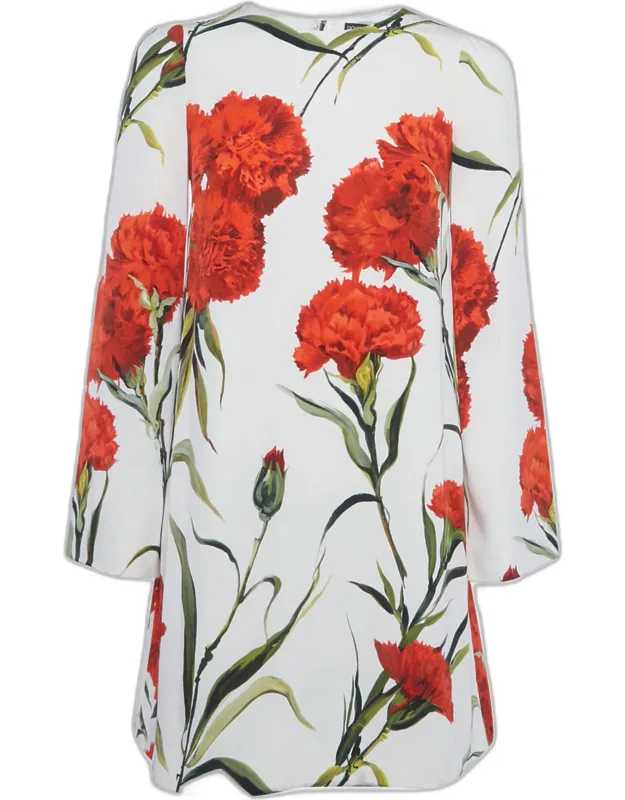 White Flowers Print Silk Mini Dress