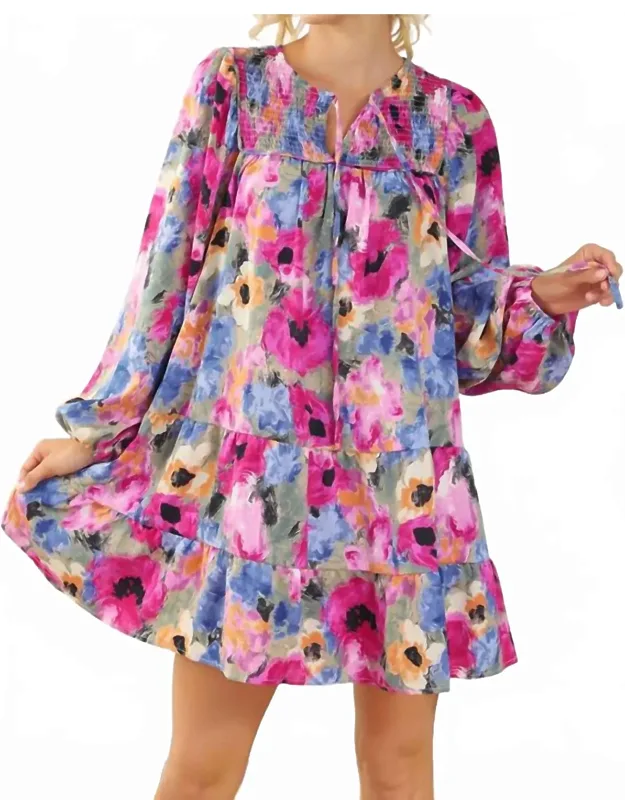 _orchid Floral Dress - A-line Silhouette With Side Pockets_