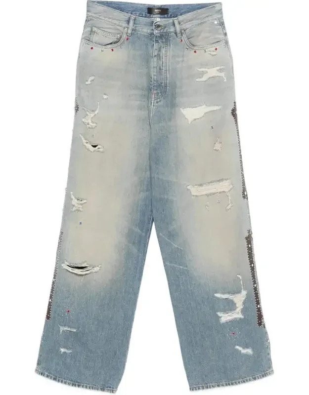 Jeans With Embellishments And Distressed Effect