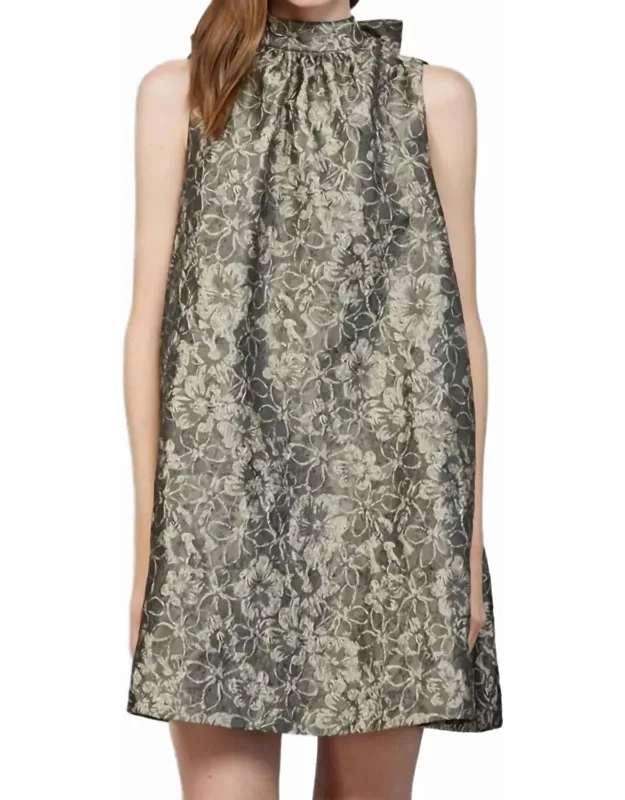 Floral Jacquard Bow Neck Dress