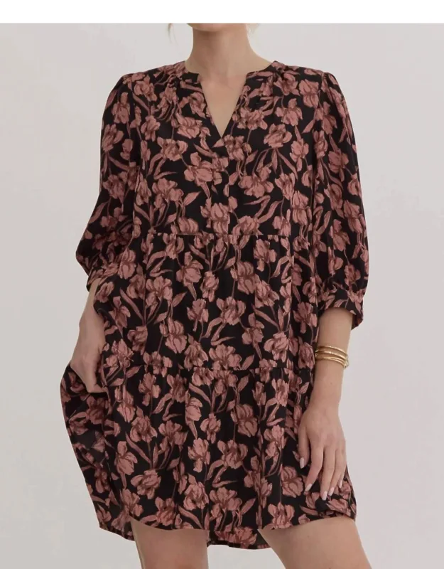 Wild Rosette Floral Dress With Pockets And Lined Design