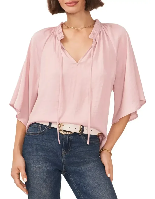 Blouse With Pleated Sheer Ruffle Split Neck