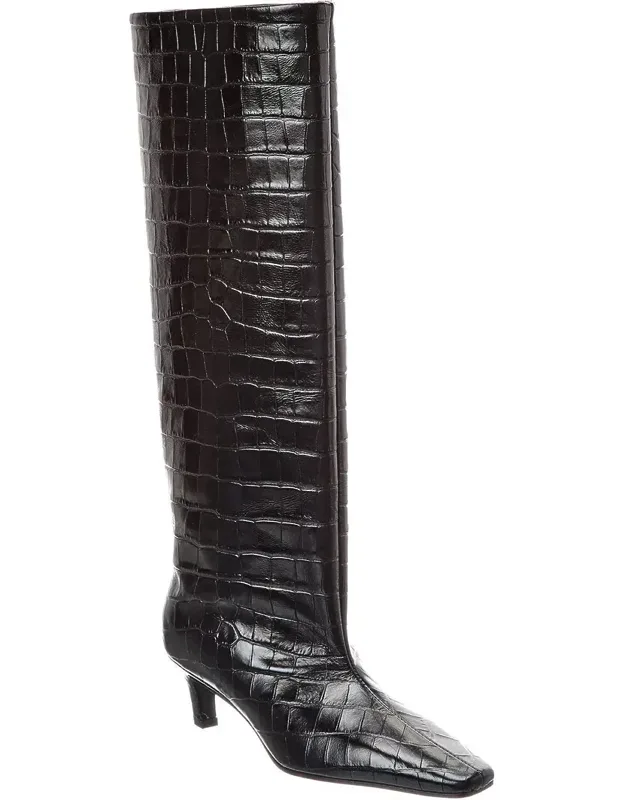 Croc-embossed Leather Knee Boot
