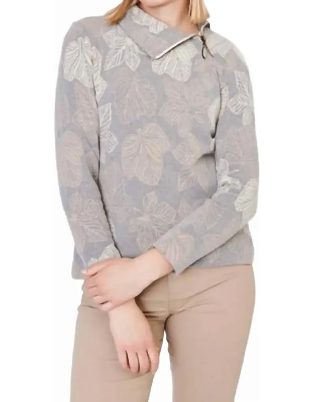 Leaf Print Long Sleeve Knit Pullover