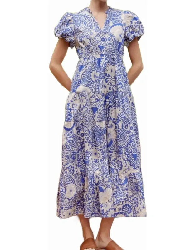 Puff Sleeve Tiered Mixed Print Midi Dress