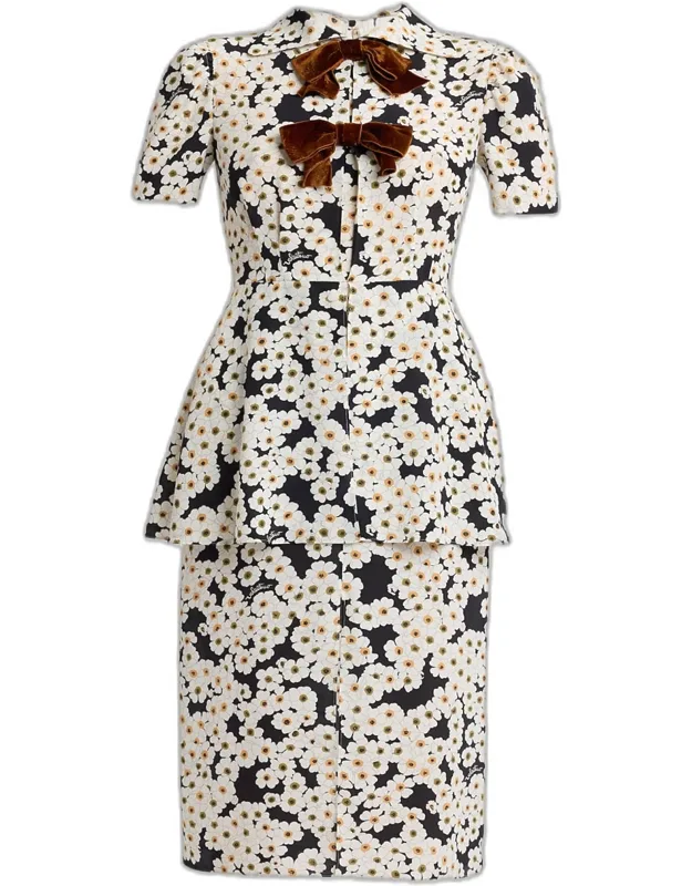 Daisy-print Silk Bow-front Peplum Shirtdress