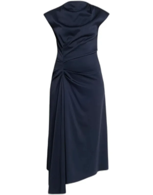 Pleated Draped High-neck Midi Dress
