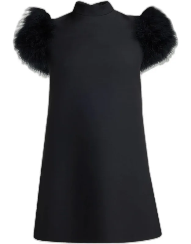 Feather-sleeve Mock-neck Mini Dress