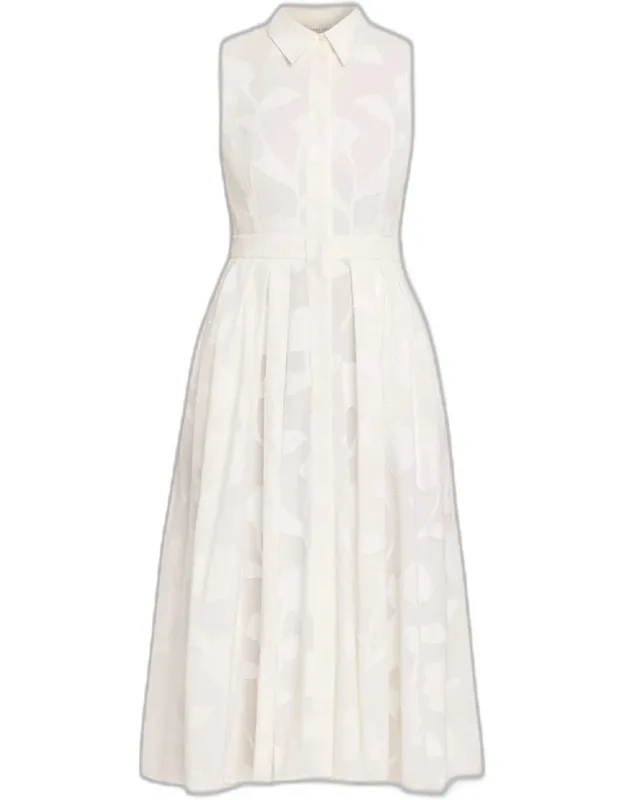 Pleated Floral Burnout Midi Shirtdress