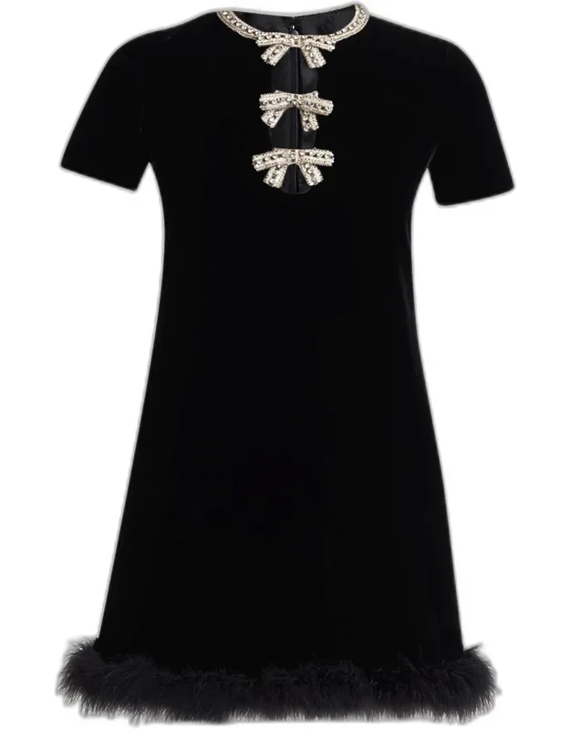 Crystal Bow Velvet Mini Dress With Feather Trim