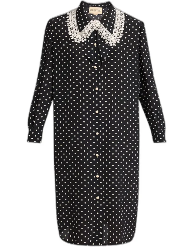 Polka-dot Silk Lace-collar Midi Shirtdress