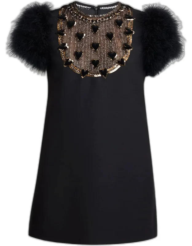 Embroidered Bib Feather-sleeve Mini Dress