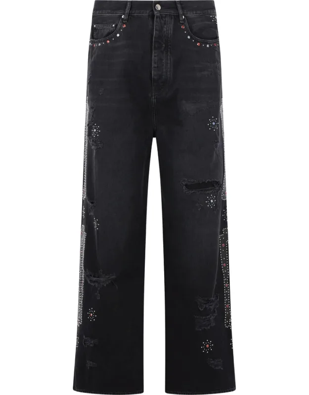 Studded Ripped Wide-leg Jeans
