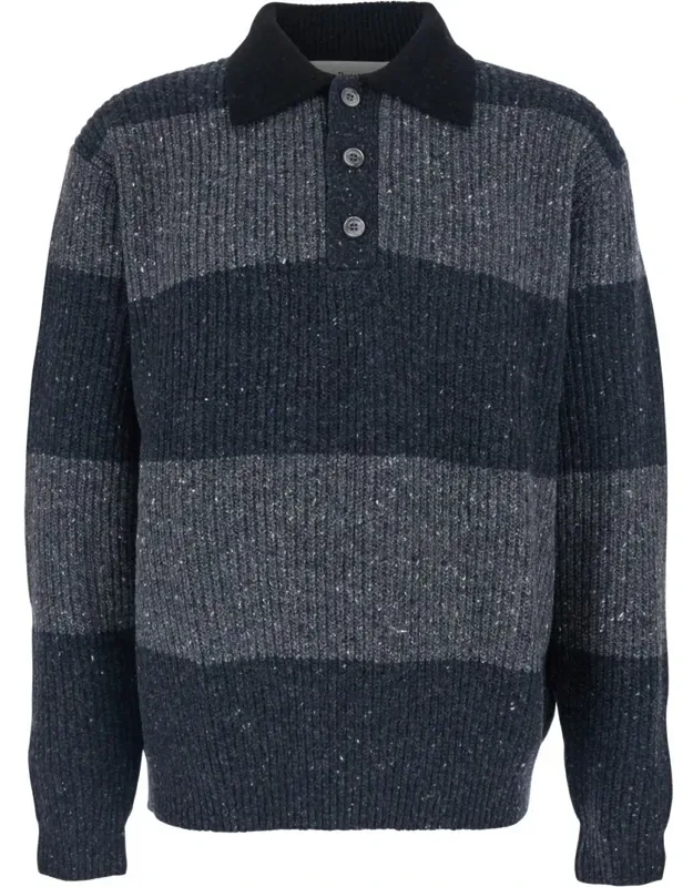 Polo Shirt With Ribbed Design And Striped Motif In Wool