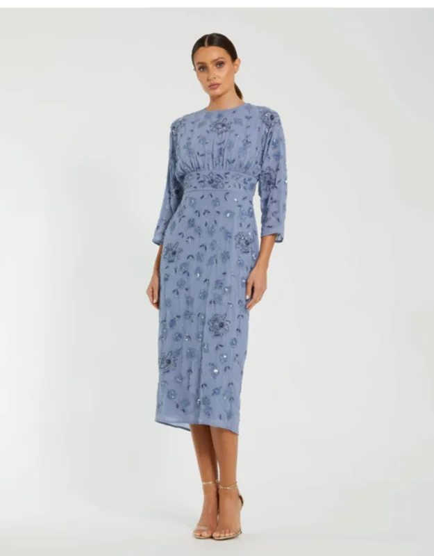 Floral Embellished Midi Dress With 3/4 Sleeves