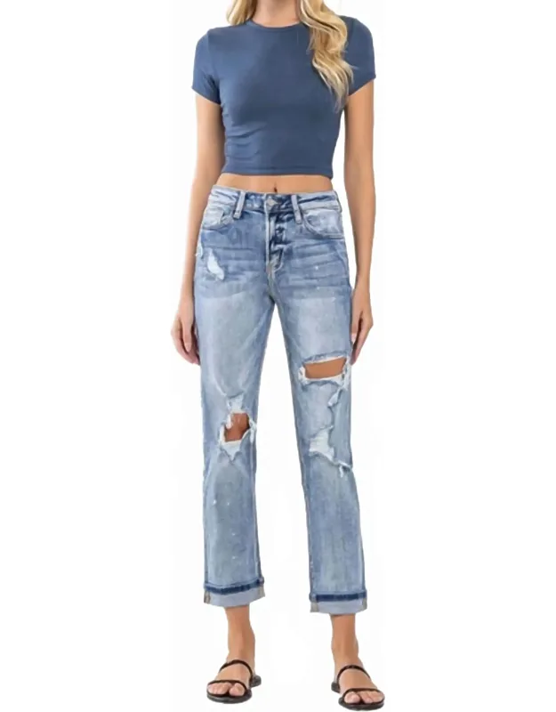High Rise Cuffed Distressed Paint Boyfriend Jeans