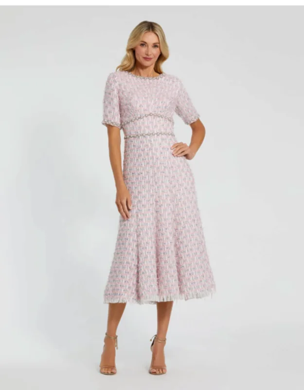 Short Sleeve Beaded Trim Boucle Midi Dress