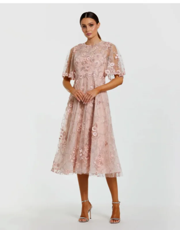 Flutter Sleeve Embroidered Midi Dress